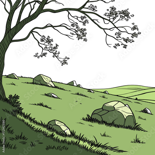 Stylized illustration of a rolling green hill with scattered rocks and a large tree branch overhead
