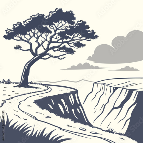 Stylized illustration of a lone tree on a cliff edge with a winding path and distant mountains under cloudy skies