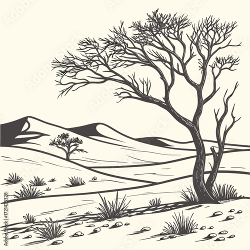 Stylized sketch of a barren desert landscape with rolling sand dunes and a solitary leafless tree