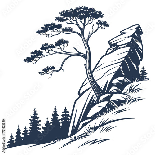 Stylized silhouette of a lone pine tree growing on a rocky cliff face with evergreen trees below