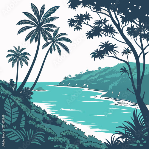 Tropical paradise with palm trees and turquoise ocean waves gently lapping on a sandy shore
