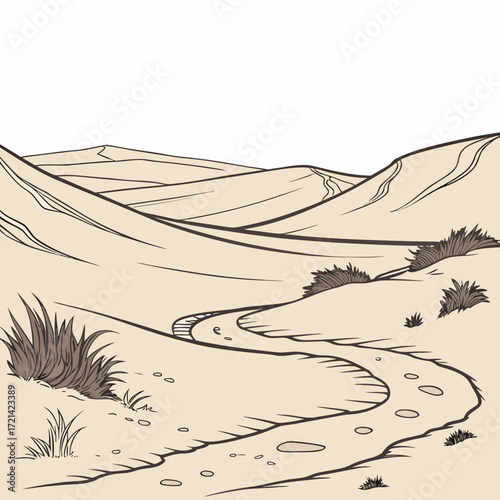 A winding path through rolling sand dunes with sparse desert vegetation under a clear sky