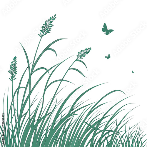 Green reeds sway gently in the breeze with delicate butterflies fluttering in the clear sky