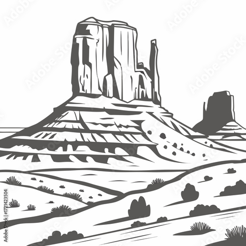 Iconic monument valley mittens buttes and mesas in a stark graphic illustration style