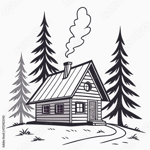 Rustic log cabin nestled among pine trees with smoke rising from the chimney