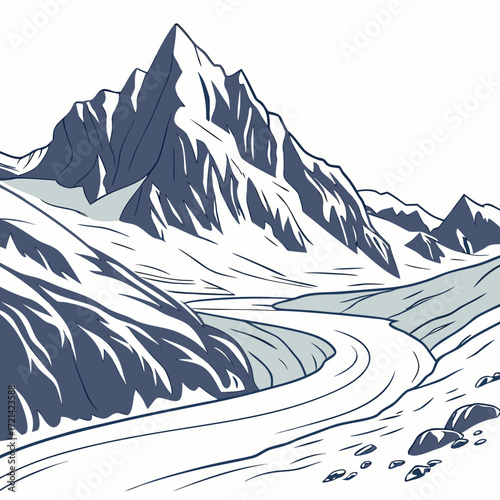 Majestic snow capped mountain range with a winding glacier flowing through the valley below