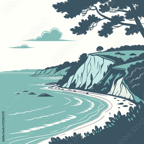 Serene coastal landscape with white cliffs meeting the turquoise ocean under a stylized sky