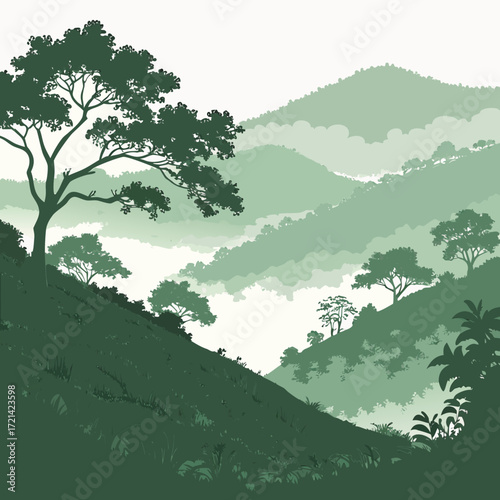 Serene green misty mountain landscape with silhouetted trees and rolling hills