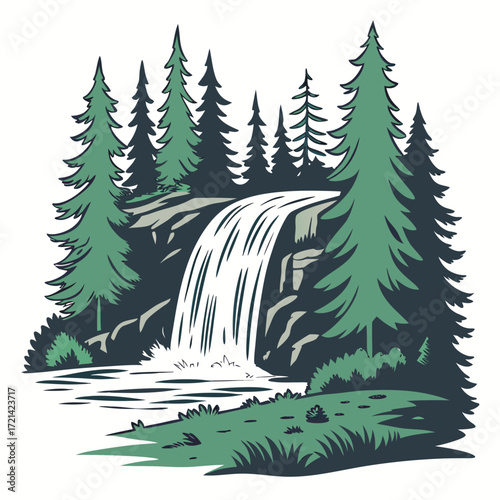 Stylized illustration of a lush forest scene with a cascading waterfall and evergreen trees
