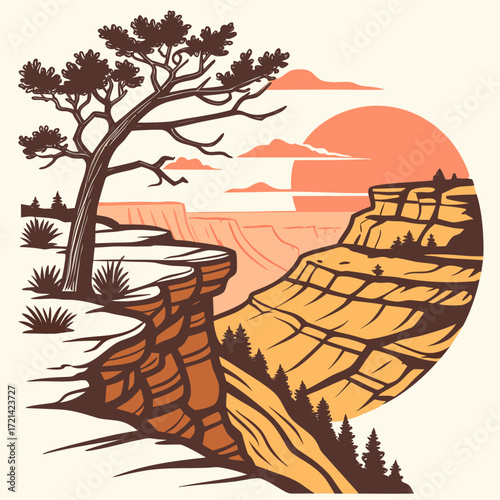 Stylized illustration of a majestic canyon landscape with a lone tree and a large sun at sunset