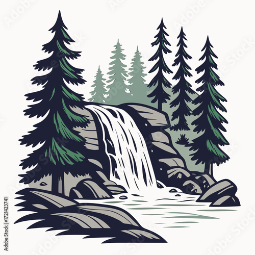 Stylized illustration of a majestic waterfall cascading over rocks amidst a dense forest of pine trees