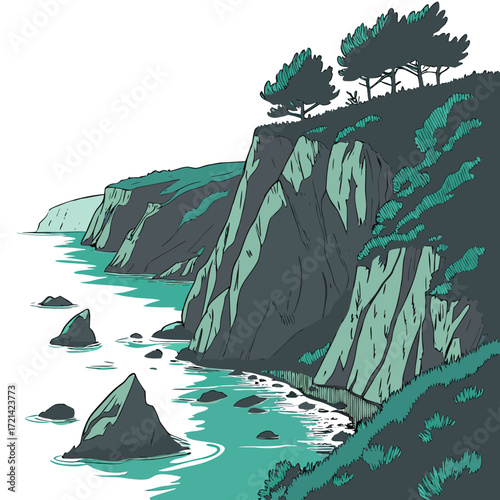 Stylized illustration of a rugged coastline with steep cliffs turquoise water and scattered rocks under a white sky