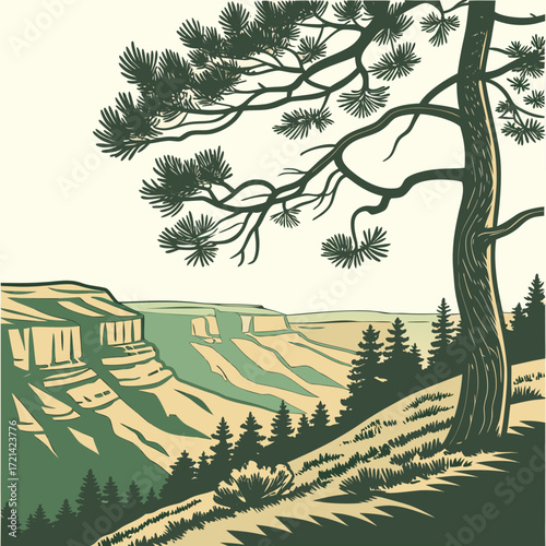 Stylized illustration of a pine tree overlooking a vast canyon landscape with layered cliffs and distant hills