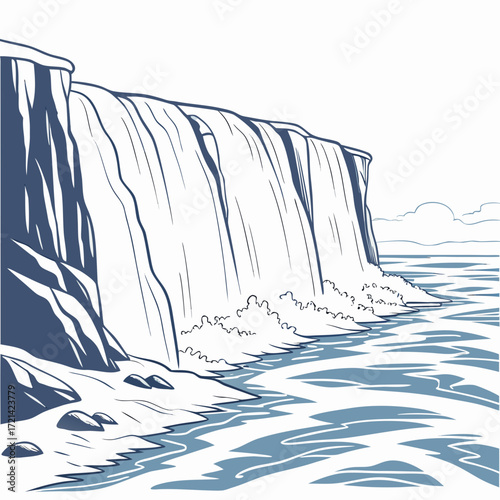 Stylized illustration of a majestic waterfall cascading over a rocky cliff into a flowing river below