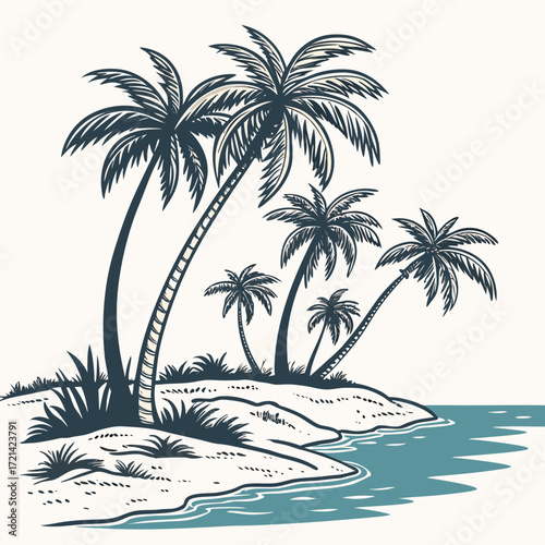 Stylized illustration of a tropical beach scene with several palm trees and calm blue water