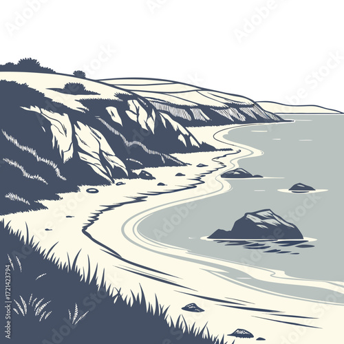 Stylized illustration of a serene coastal landscape with rolling hills and a winding beach path