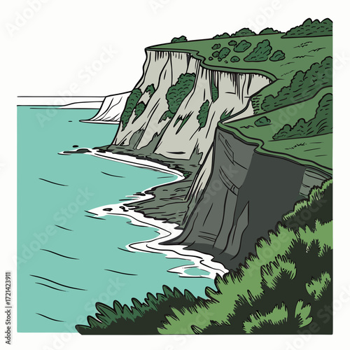 Stylized illustration of dramatic white chalk cliffs meeting the turquoise sea with green vegetation