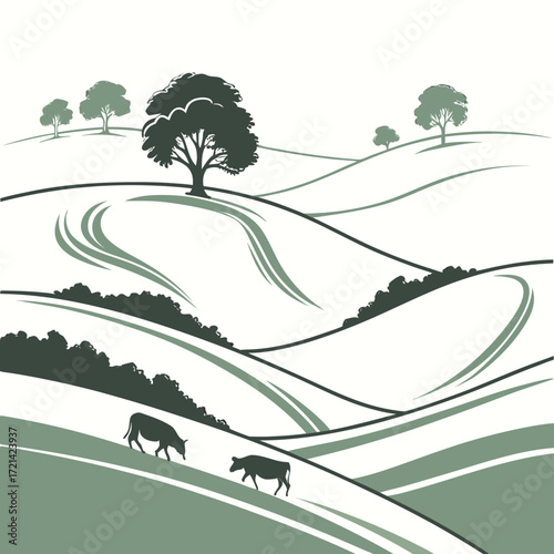 Stylized rolling green hills with trees and grazing cows in a minimalist countryside landscape