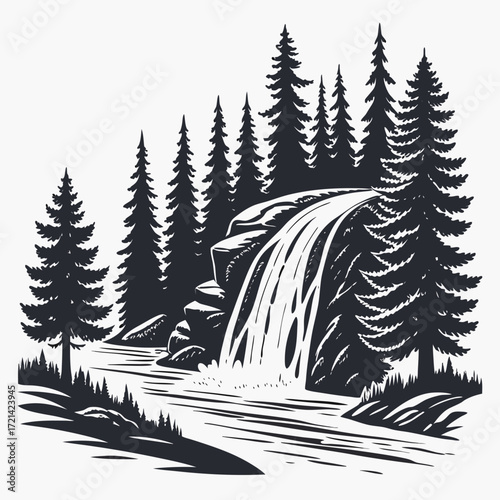 Stylized silhouette of a cascading waterfall surrounded by evergreen trees in a serene forest landscape