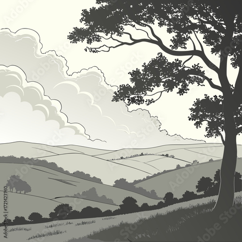Stylized illustration of rolling hills and a large tree under a cloudy sky