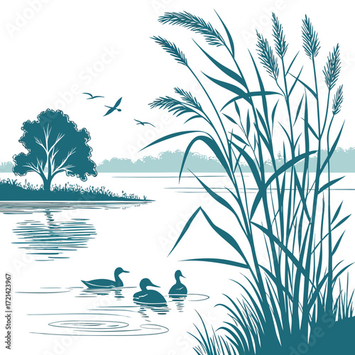 Tranquil lake scene with ducks swimming near reeds and a lone tree with birds flying overhead