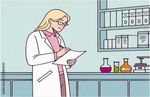 Female Scientist in a lab coat reading a report with laboratory equipments and a microscope
