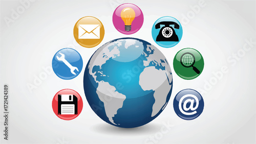 Globe surrounded by communication icons earth email