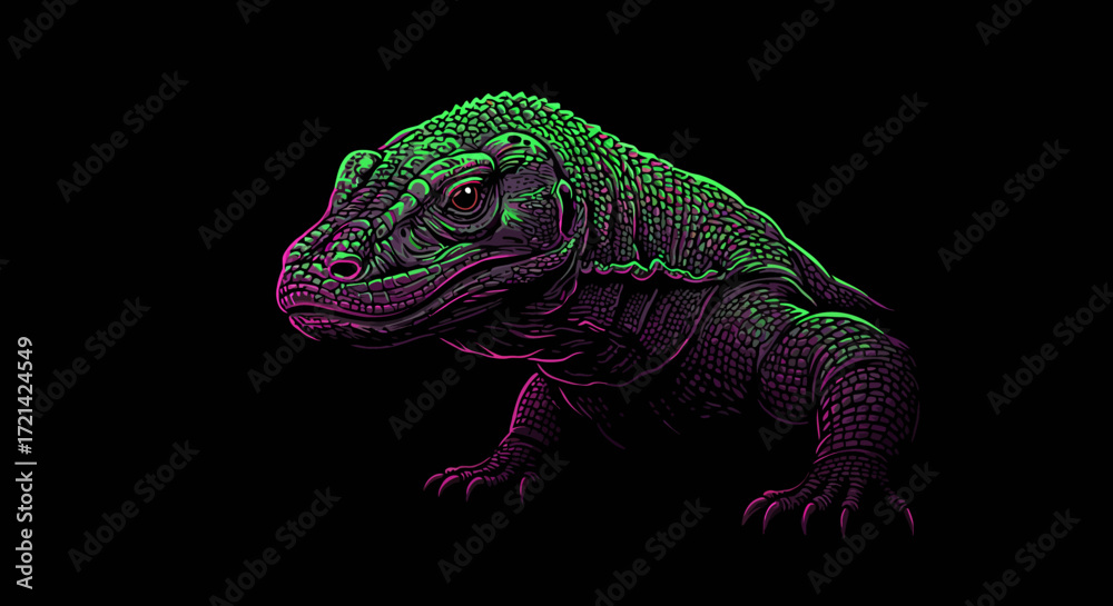 Fototapeta premium Neon Komodo Dragon Illustration Detailed Scaled Skin Powerful Pose.