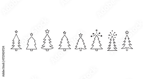 A row of stylized christmas tree silhouettes with decorative elements silhouette