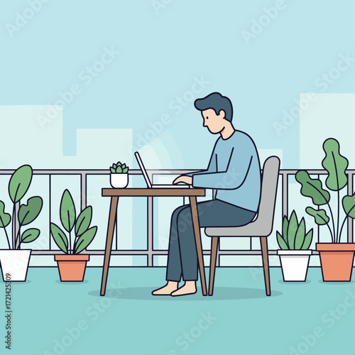 Simple Minimalist Flat Vector Illustration of a person working remotely from a serene balcony with plants.