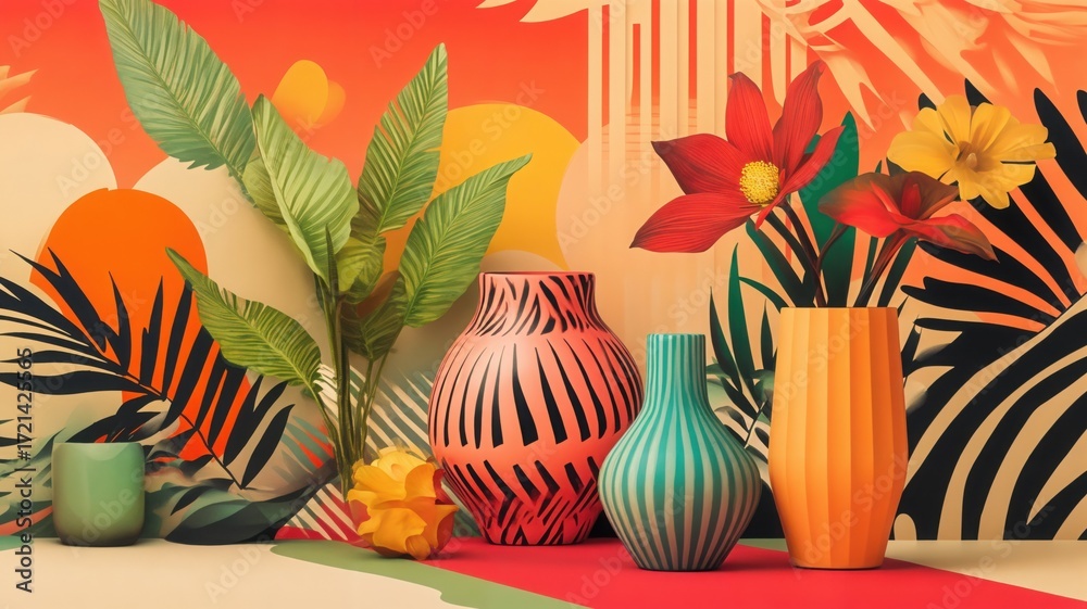 Obraz premium Vibrant Tropical Serenity A Conceptual Art Illustration of Exotic Foliage and Abstract Vases in a Modern, Colorful Still Life Composition with Dynamic Patterns and Warm Hues