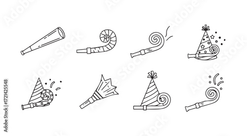 Collection of hand drawn party hats and noise makers silhouette