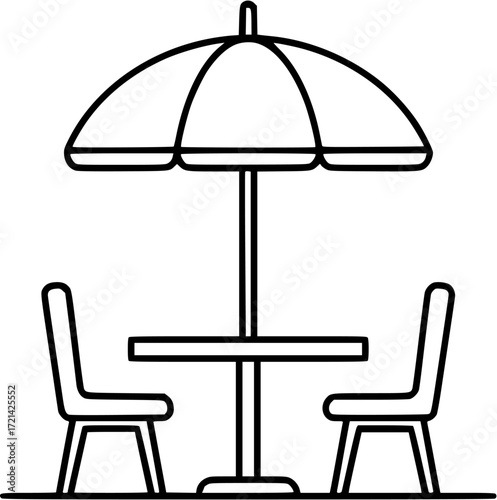 Table chair umbrella cafe outdoor dining restaurant furniture terrace summer line art icon vector
