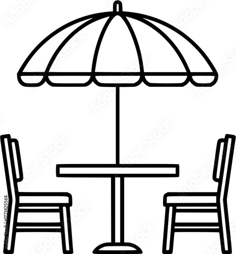 Table chair umbrella cafe outdoor dining restaurant furniture terrace summer line art icon vector
