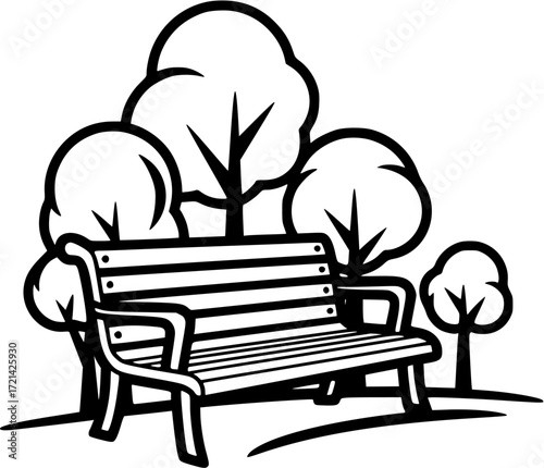 Park bench trees outline icon vector illustration for landscape design and recreation area design
