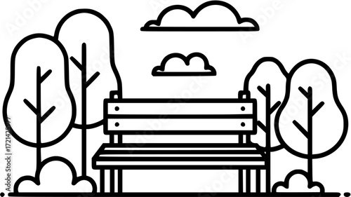 Park bench trees outline icon vector illustration for landscape design and recreation area design

