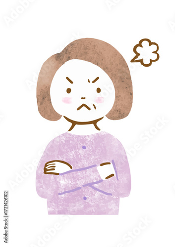 怒った表情とポーズのシニア女性の手描きイラスト（上半身）