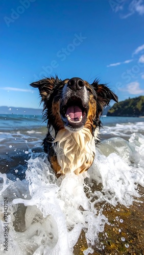 Playful dog in ocean waves