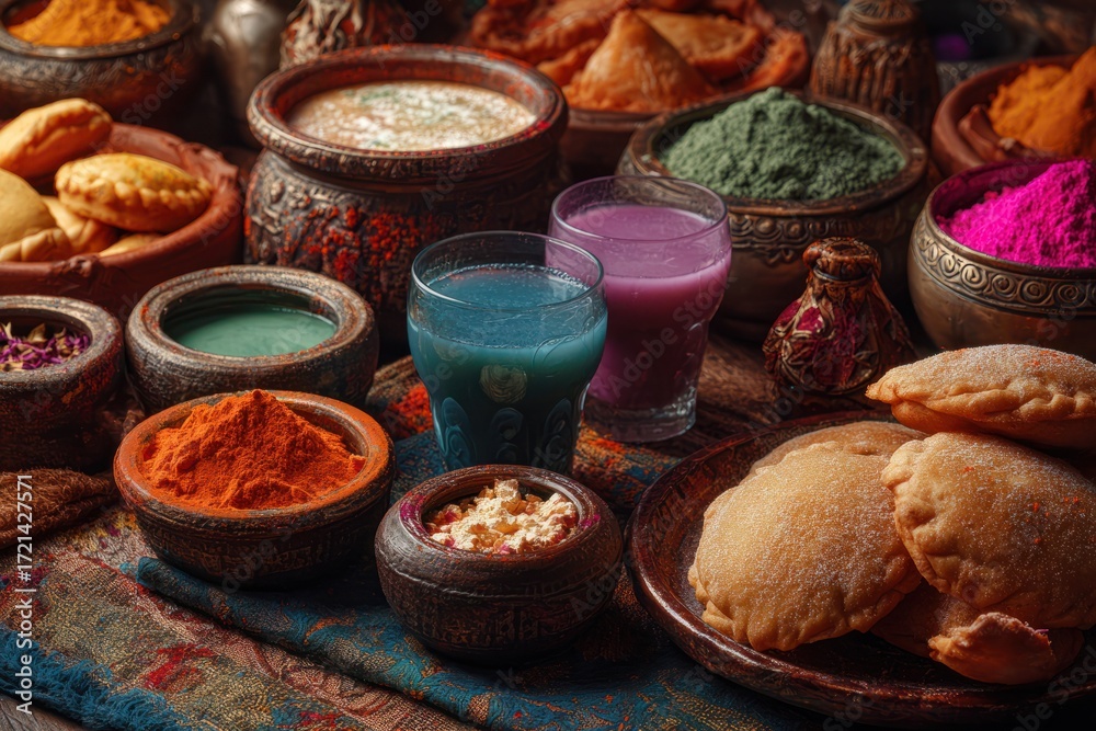 Fototapeta premium Festive Indian Sweets and Drinks Display