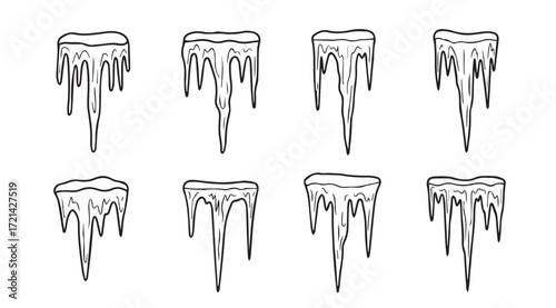 Collection of eight dripping icicle silhouettes against a white background silhouette