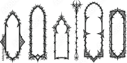 Gothic thorn frame, vector border, ornate decorative design, dark fantasy style, tattoo art, vintage frame, medieval ornament, baroque illustration