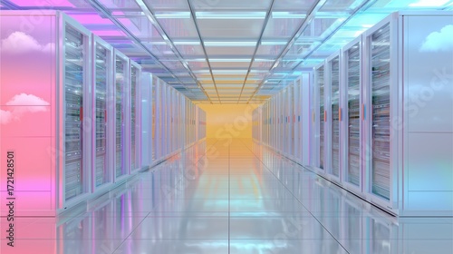 Digital Sanctuary: A futuristic server room bathed in soft, pastel hues, symbolizing the ethereal nature of the digital world.