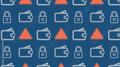 A seamless pattern of wallets, padlocks, and orange triangles on a dark blue background surface design