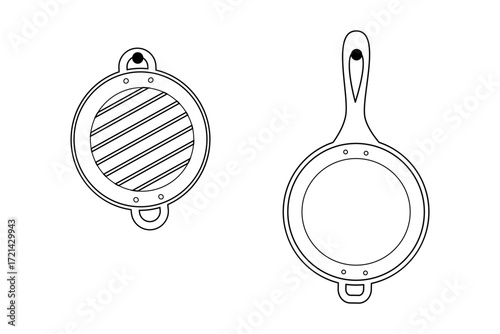 Outline Grill Pan with Grate and Fried Pan Hanging on Nail Kitchen Minimalistic Design Elements Set
