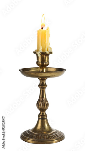 Top-Down Flat Lay Vintage Brass Candle Holder with Lit Candle and Wax Drips, transparent background PNG