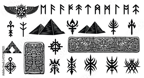 Vector illustration of set of esoteric symbols, runic alphabet, pyramids, and ancient ornaments
