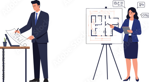 Business professionals discussing architectural floor plan design, real estate planning, building construction strategy, teamwork collaboration, modern presentation, interior layout visualization
