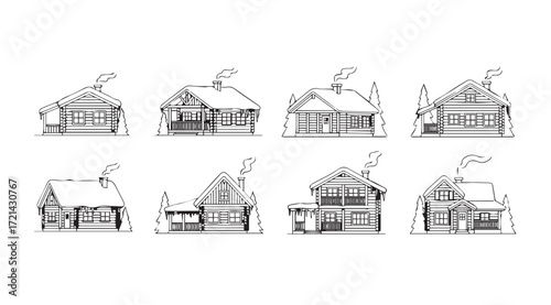 Collection of hand drawn rustic cottages and houses silhouette