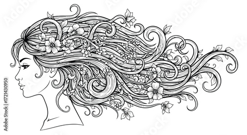Vector illustration of beautiful woman with flowers in her hair sketch