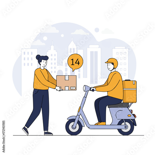 Happy person joyfully receiving an eco-friendly delivery box from a friendly electric scooter driver against a cityscape, rendered in a clean Flat 2D vector illustration.